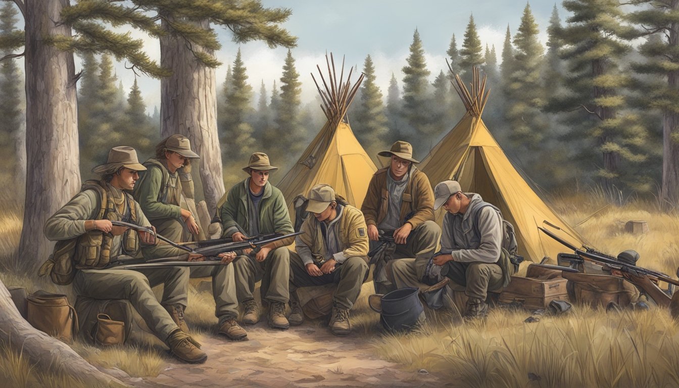 A group of young hunters in South Dakota, accompanied by adult supervisors, prepare their gear and rifles for a hunting trip in the wilderness