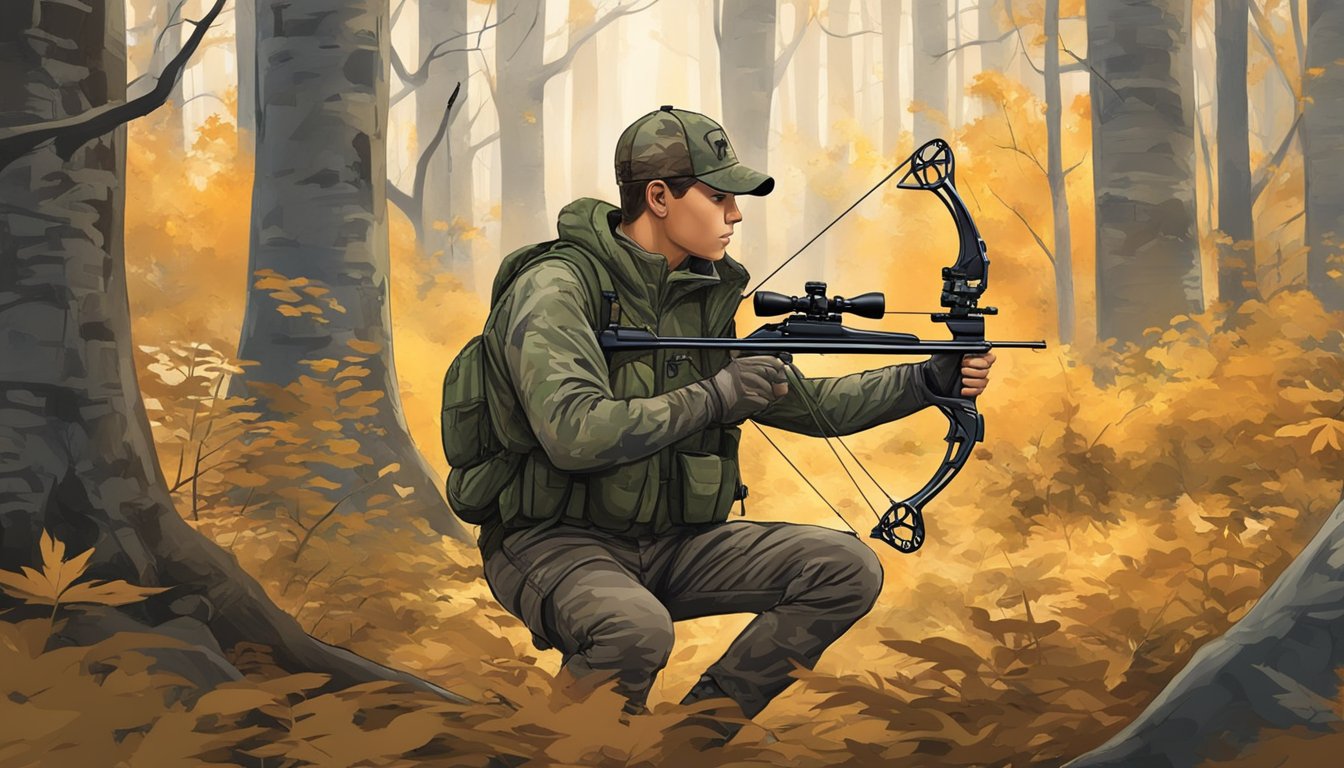 A young hunter in Rhode Island uses a compound bow and camouflage gear to quietly stalk deer in the forest