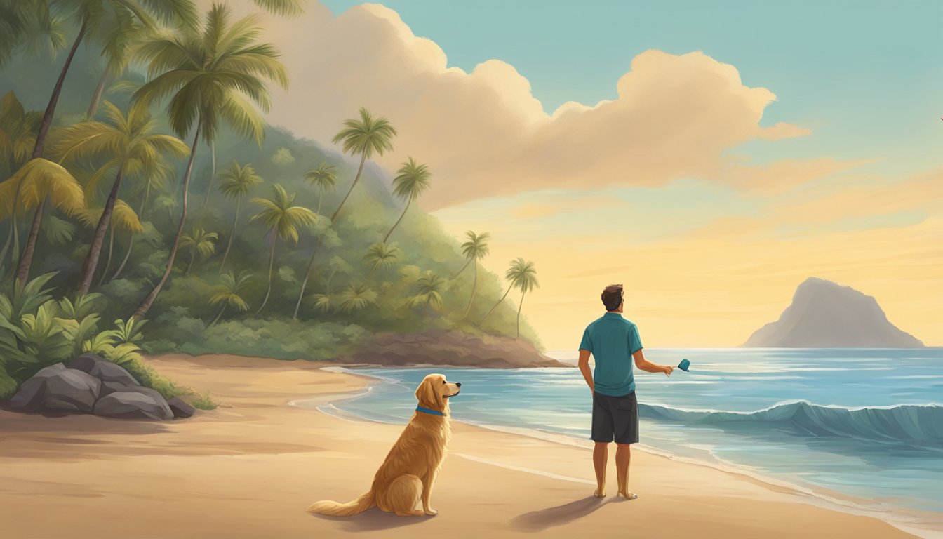 A golden retriever stands by a tranquil Hawaiian beach, eagerly awaiting commands from its trainer. The trainer holds a whistle and gestures toward the water