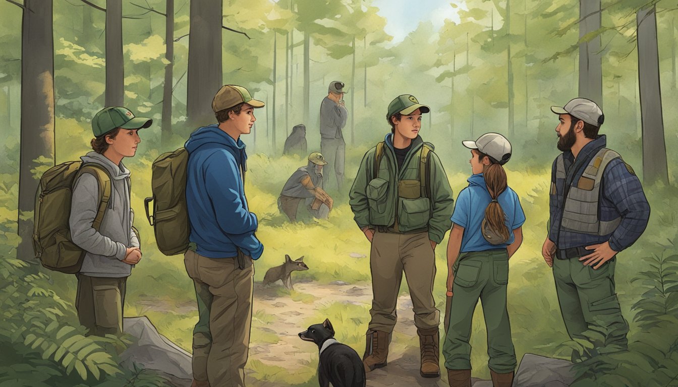 A group of young hunters gather around an instructor, learning about safety and wildlife conservation in a forested area of Rhode Island