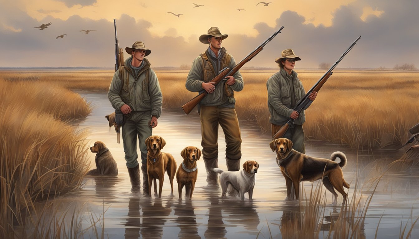 A group of young hunters with shotguns and hunting dogs in a South Dakota marsh