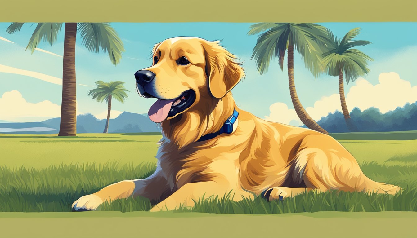 A golden retriever sits at attention on a grassy field, with a bright blue sky and palm trees in the background. A trainer holds a whistle and gestures commands