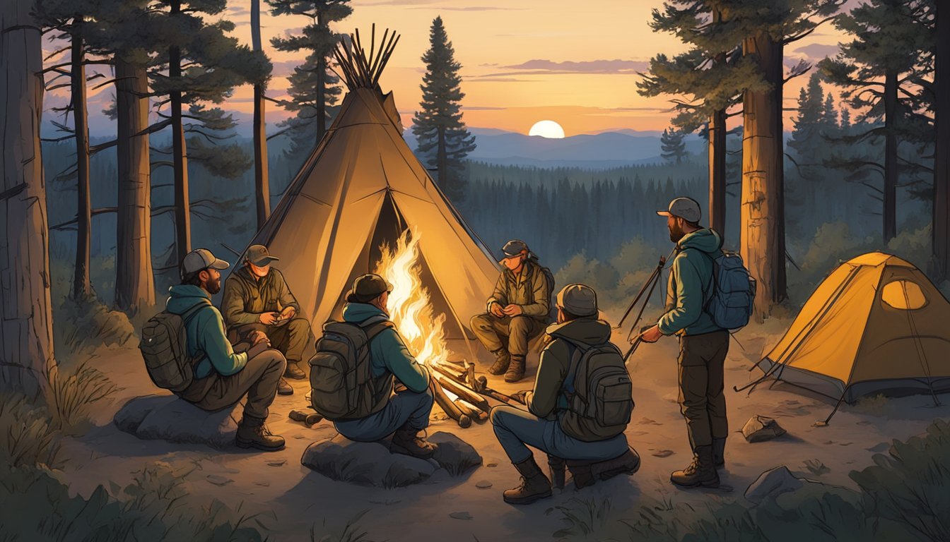 A group of young hunters gather around a campfire in the South Dakota wilderness, surrounded by trees and wildlife. They are accessing online resources and support for their hunting expedition