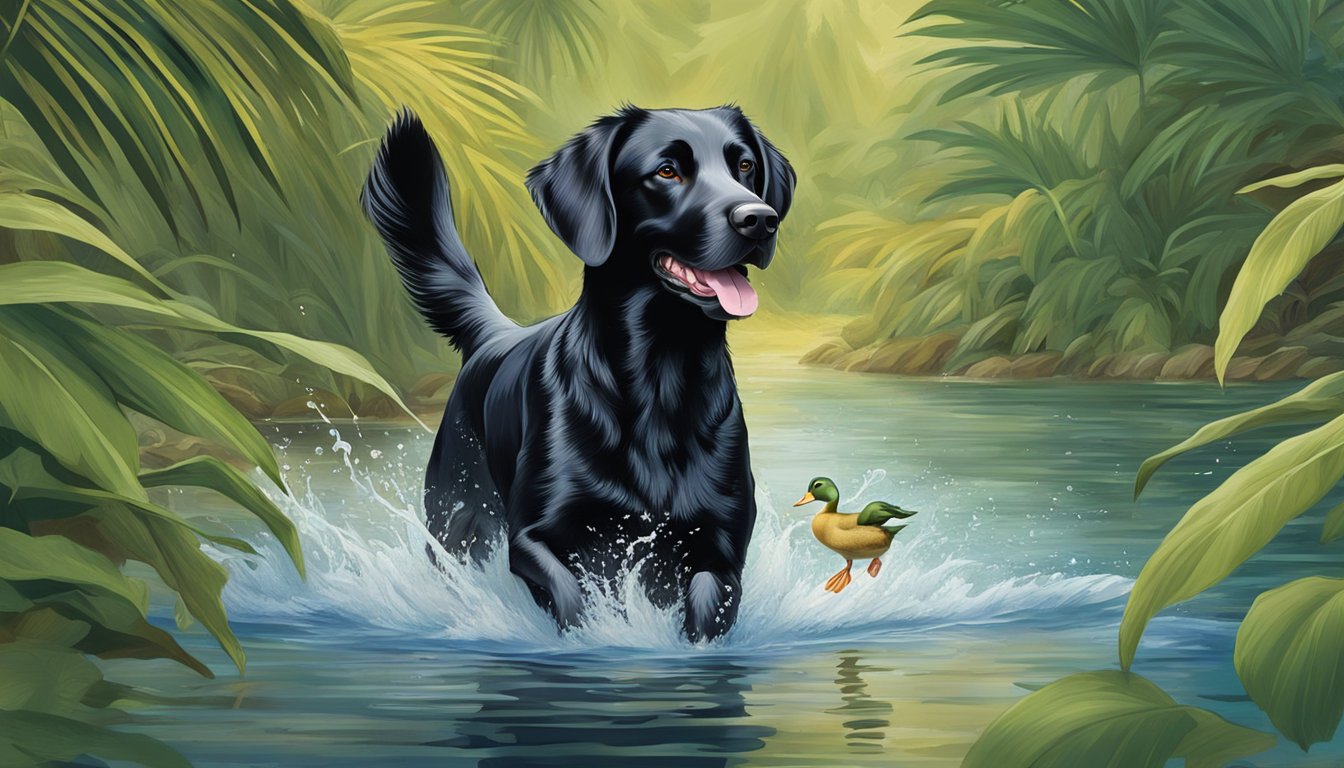 A gun dog retrieves a duck from the water, surrounded by lush Hawaiian foliage