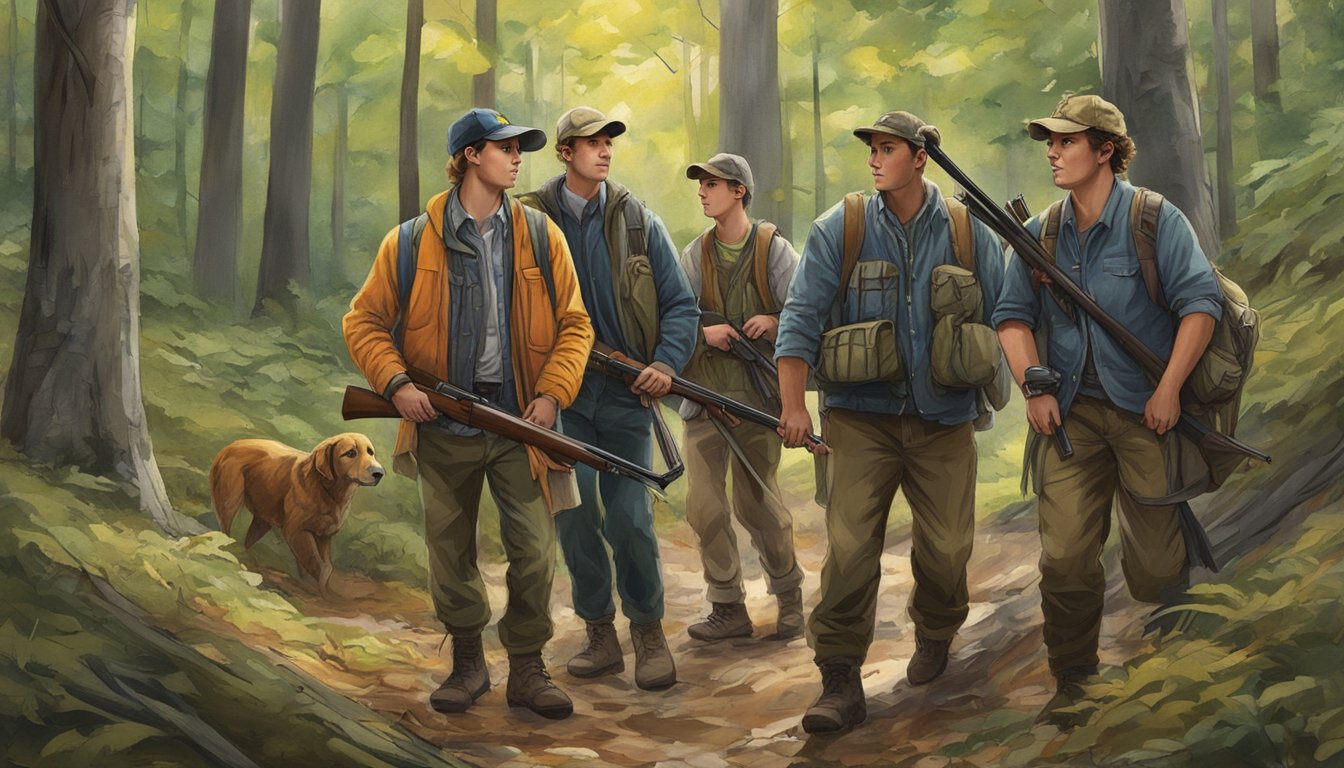 A group of young hunters in Rhode Island, accompanied by adult mentors, navigating through a forest with hunting gear and firearms