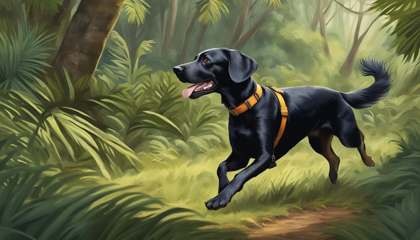 A gun dog runs through a lush Hawaiian forest, retrieving game birds in a specialized training exercise tailored to the unique environment