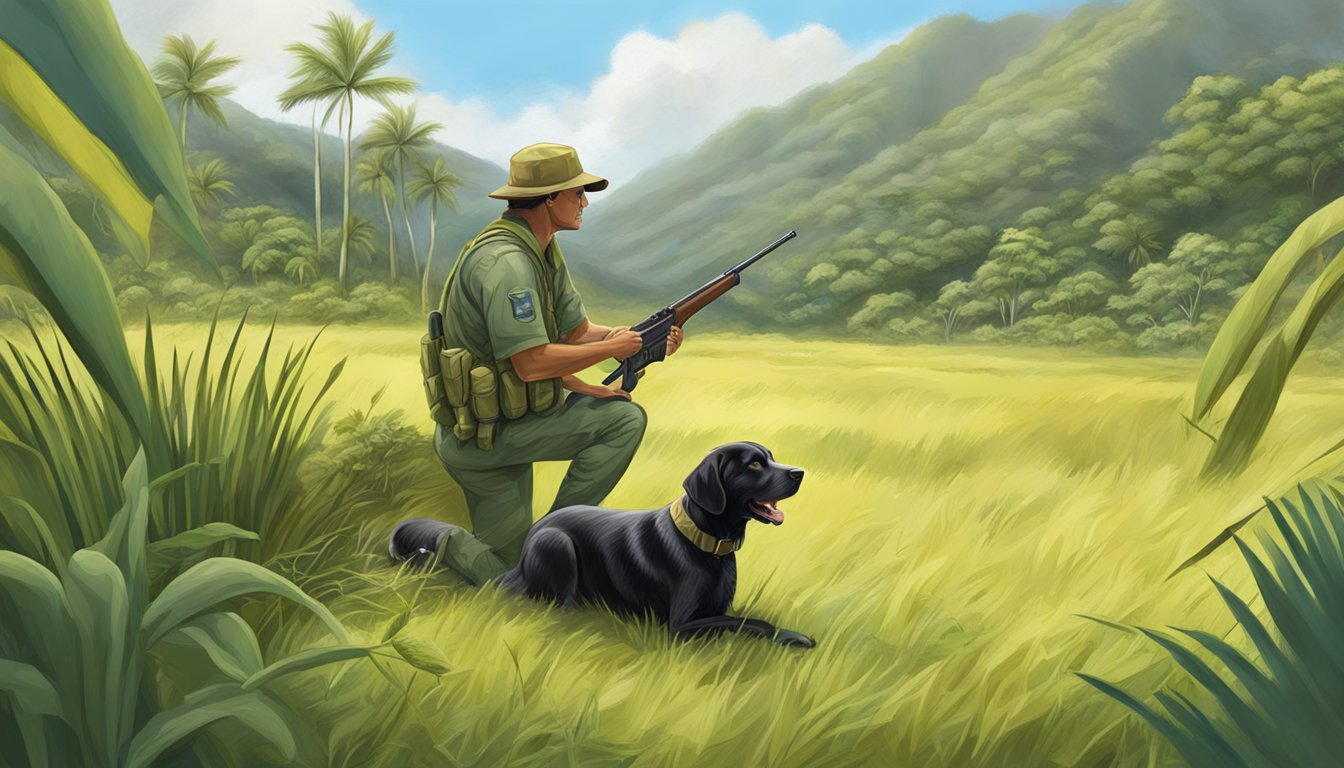 A gun dog sits by a handler in a lush Hawaiian field, eagerly awaiting commands and communication