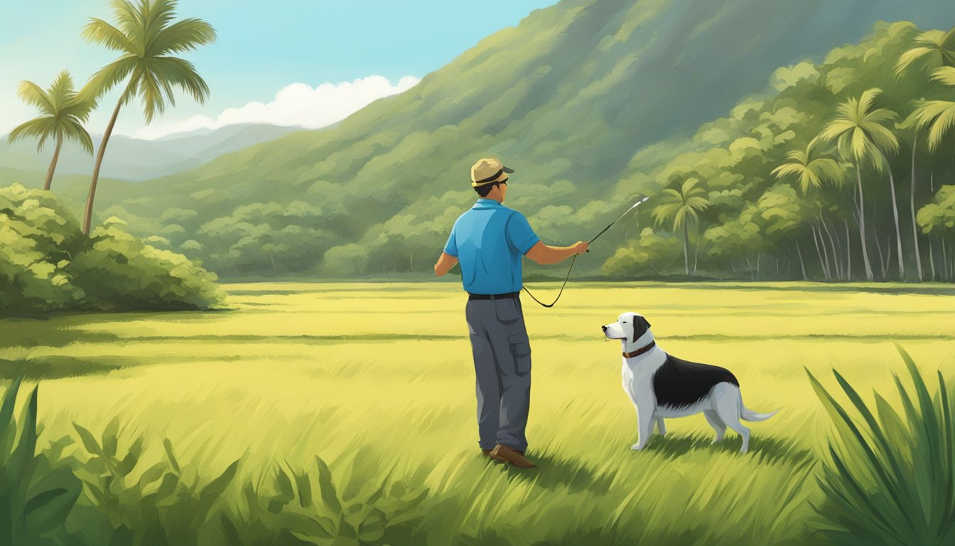 A professional dog trainer instructs a retriever in a lush Hawaiian field. The dog eagerly retrieves a training dummy, while the trainer gives commands and guidance