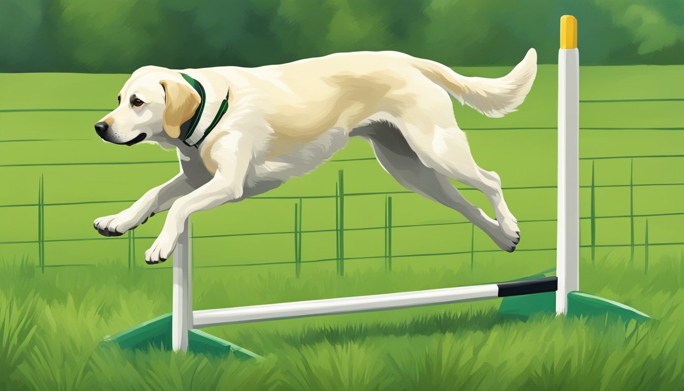 A Labrador retriever leaps over a hurdle on a lush green field, with a trainer directing its movements