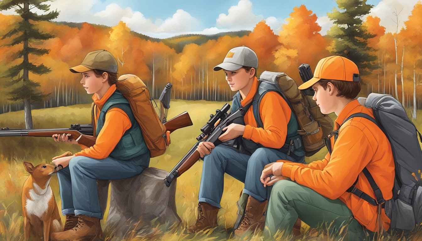 A group of young hunters in Vermont, carrying their rifles and wearing bright orange vests, gather around a sign detailing the eligibility and regulations for youth hunting in the state