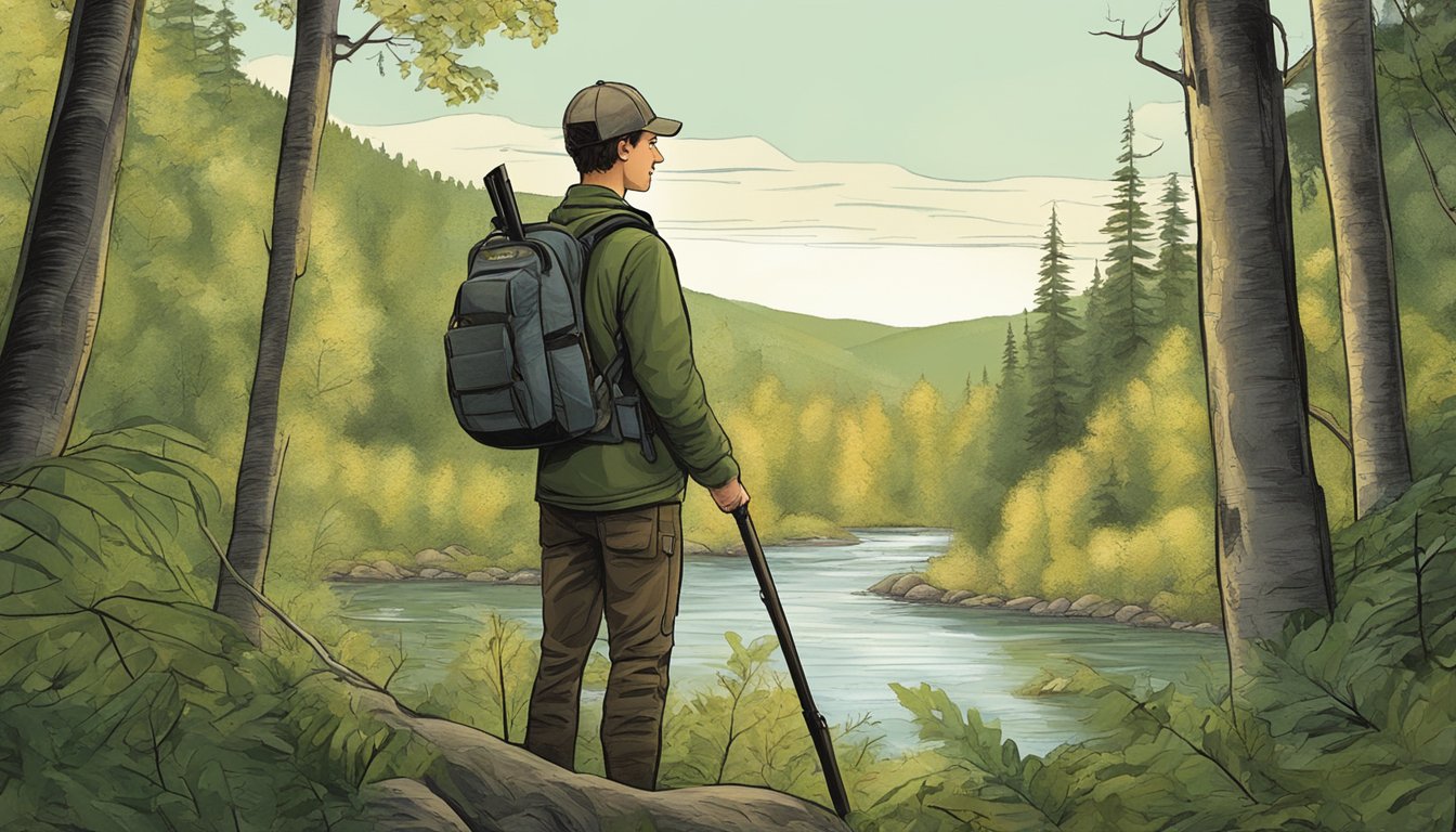 A young hunter standing in a lush Vermont forest, holding a hunting license and looking out at the landscape