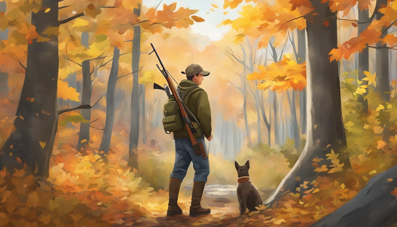 A young hunter in Vermont's woods during hunting season, surrounded by autumn foliage and wildlife