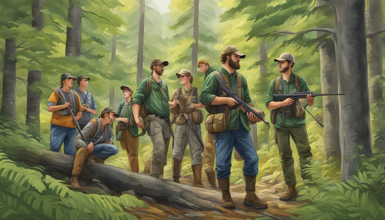 A group of young hunters in Vermont participating in a wildlife conservation and management program, surrounded by lush forests and diverse wildlife