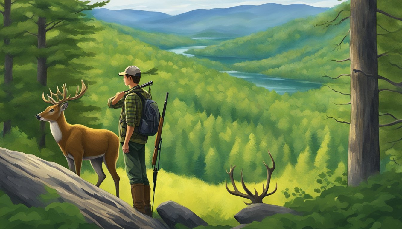 A young hunter in Vermont carefully aims at a deer, surrounded by lush green forest and mountains in the distance