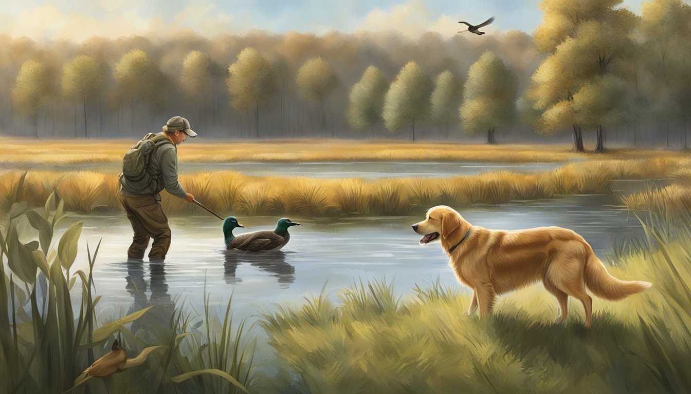 A golden retriever retrieves a duck from a pond, while a hunter watches nearby in a field in Indiana