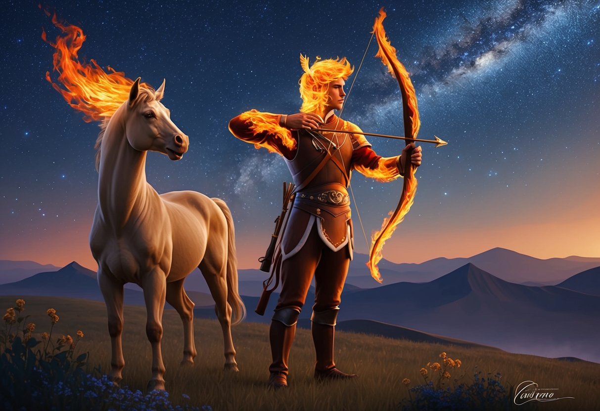 A fiery archer stands beside a centaur, gazing at the stars