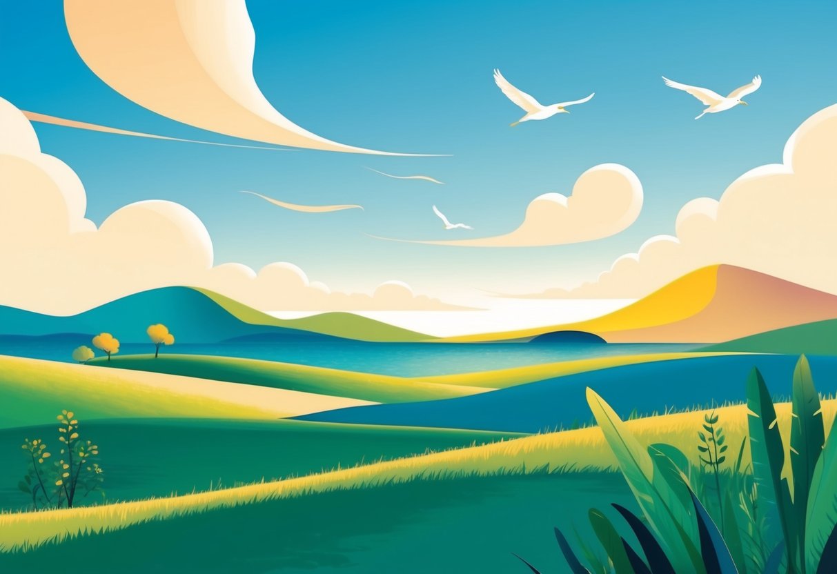 A colorful illustration of a serene landscape with a clear blue sky, gentle breeze, and a sense of freedom and adventure