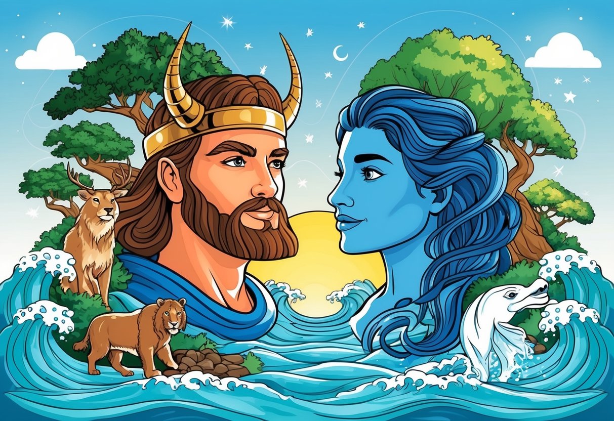 A colorful illustration of a Sagittarius and a Water sign (Cancer, Scorpio, or Pisces) surrounded by natural elements like trees, waves, and animals