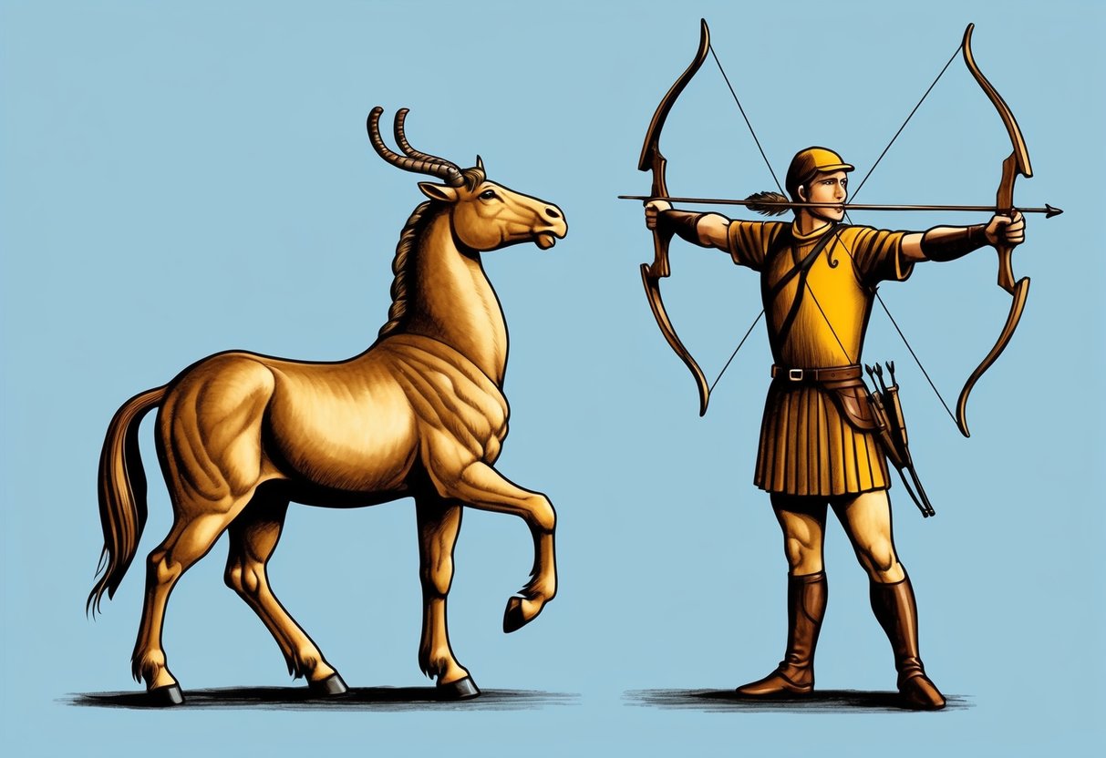 A centaur and an archer stand back to back, aiming their bows in opposite directions, symbolizing the duality of Sagittarius relationships