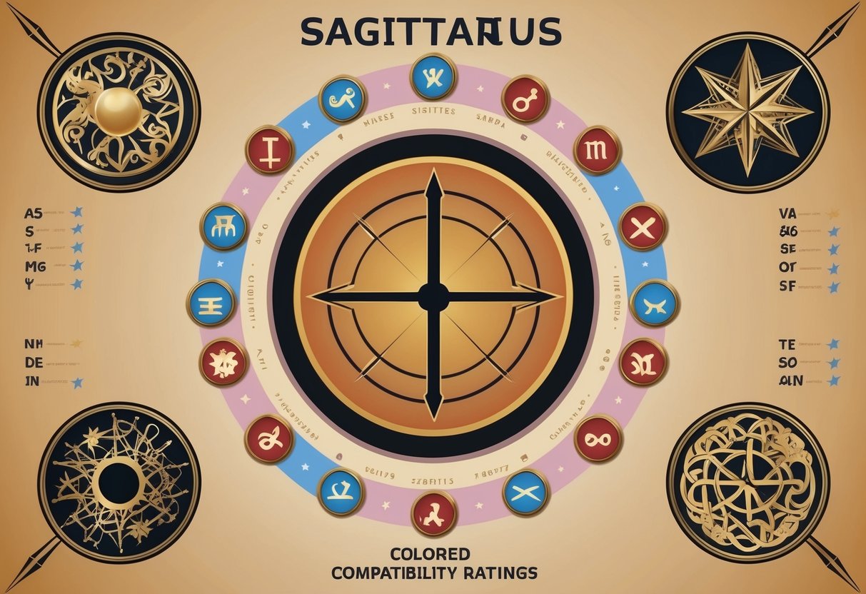 A Sagittarius symbol surrounded by zodiac signs and compatibility ratings