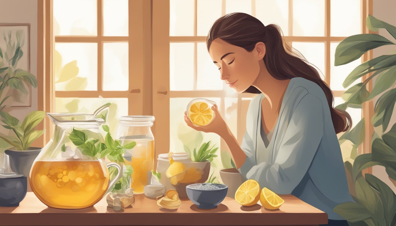 A person gargling saltwater in a cozy home setting, surrounded by natural remedies like honey, lemon, and ginger