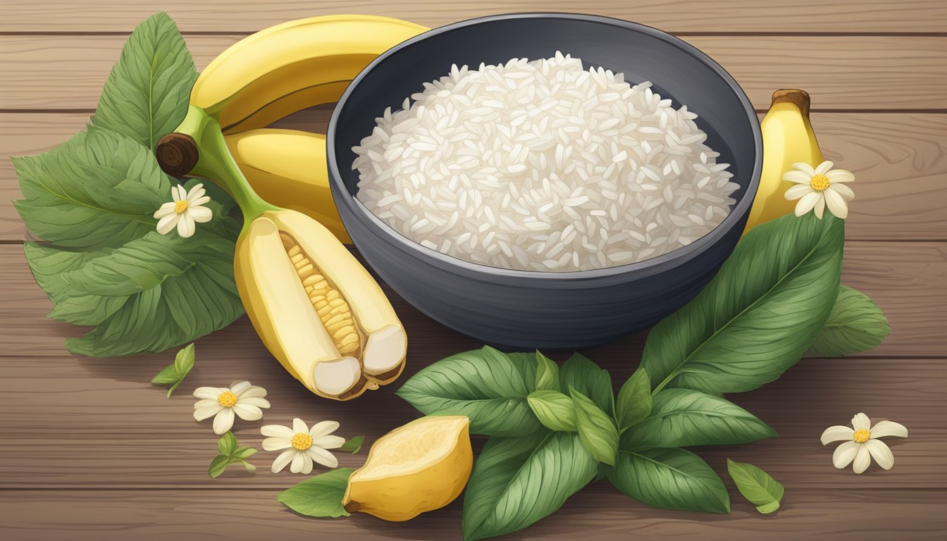 A bowl of rice and a ripe banana sit on a wooden table surrounded by fresh ginger, peppermint leaves, and chamomile flowers