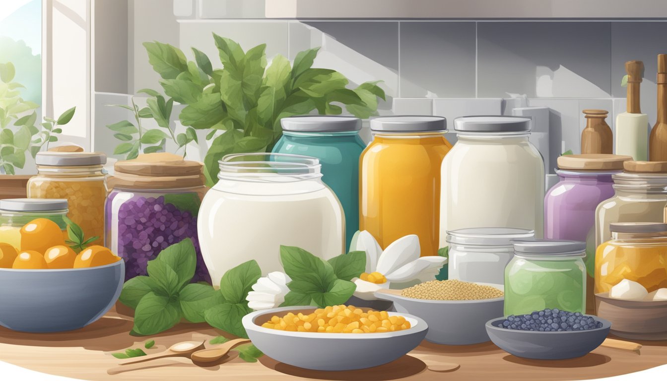 A serene kitchen counter with a bowl of yogurt surrounded by colorful jars of natural remedies