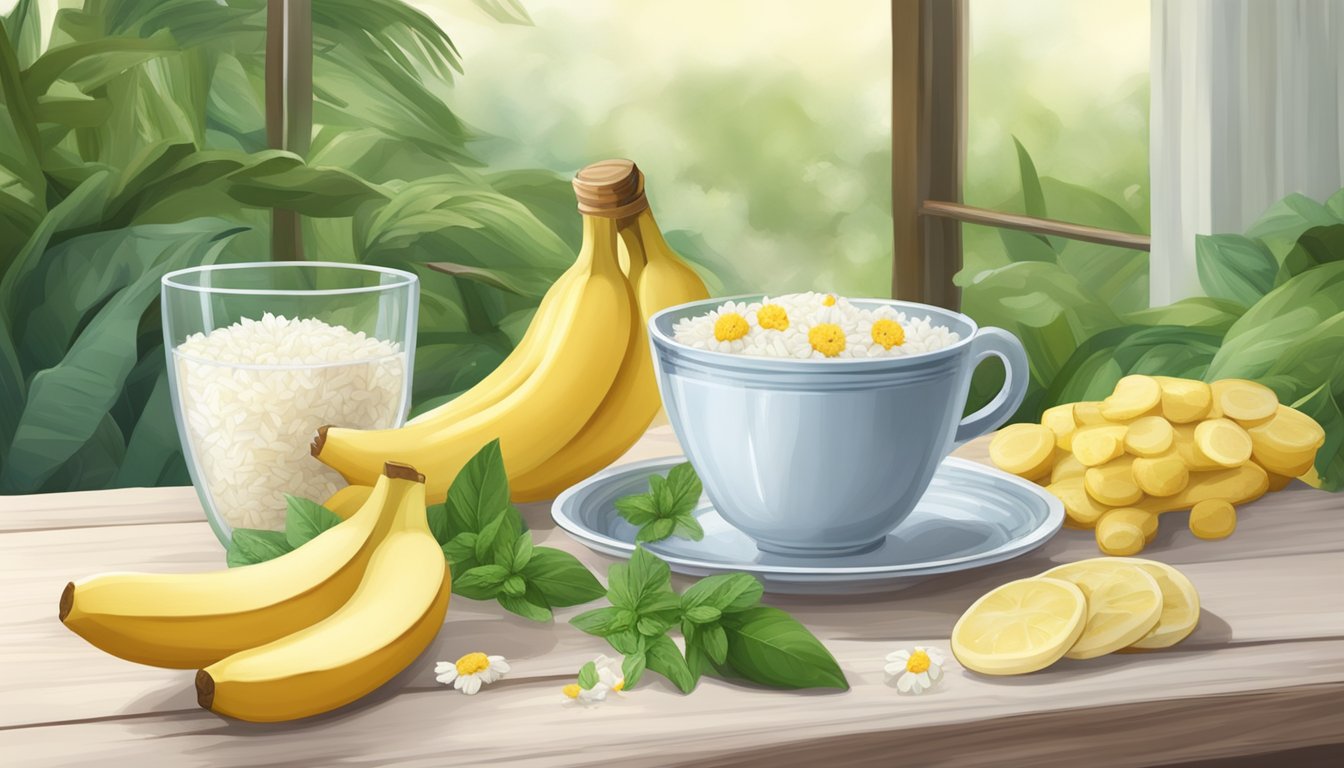 A table with ginger, peppermint, chamomile, bananas, and rice, surrounded by a calming, cozy atmosphere