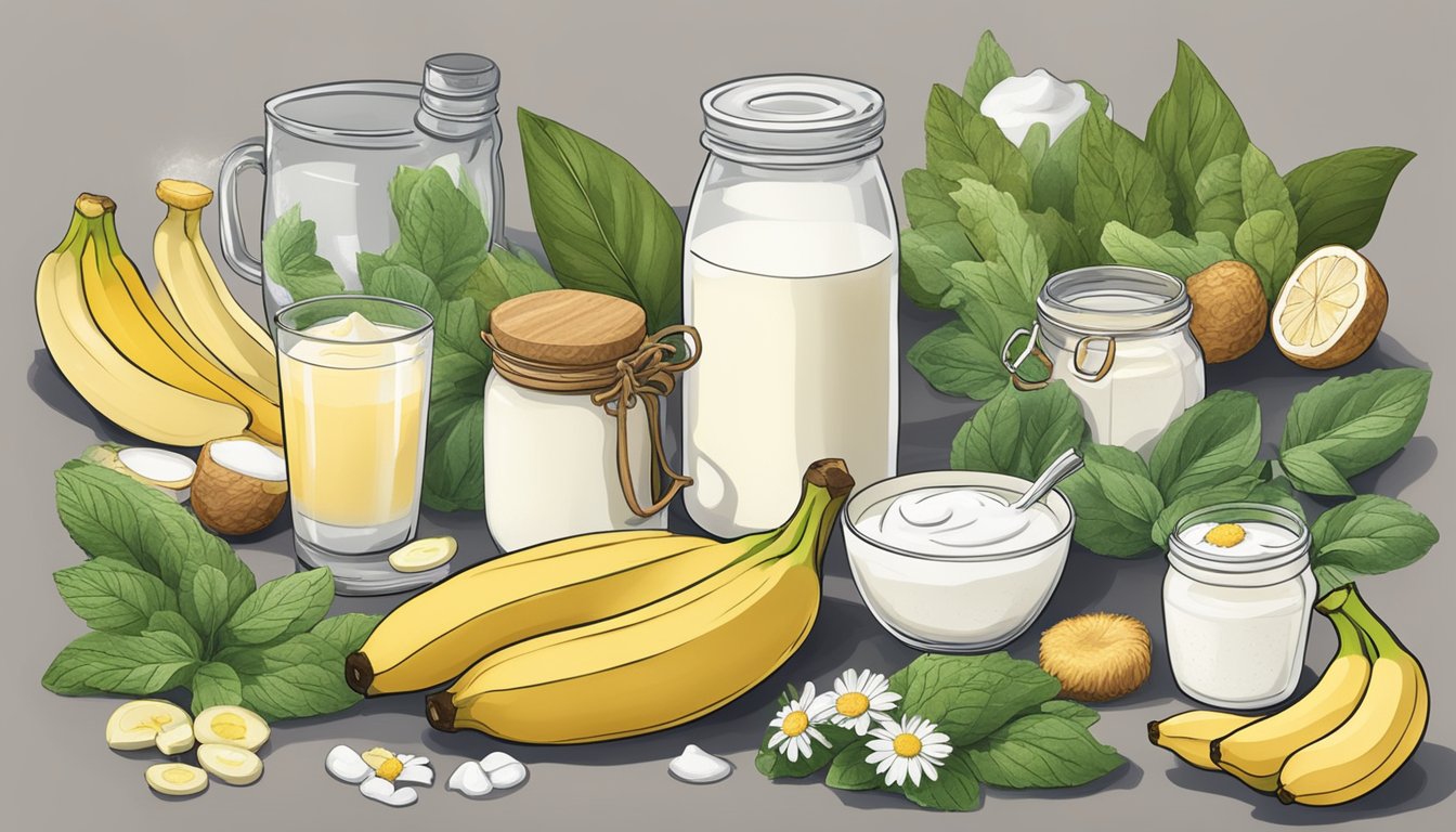 A kitchen counter with ginger, peppermint, chamomile, bananas, and yogurt displayed as natural remedies for an upset stomach