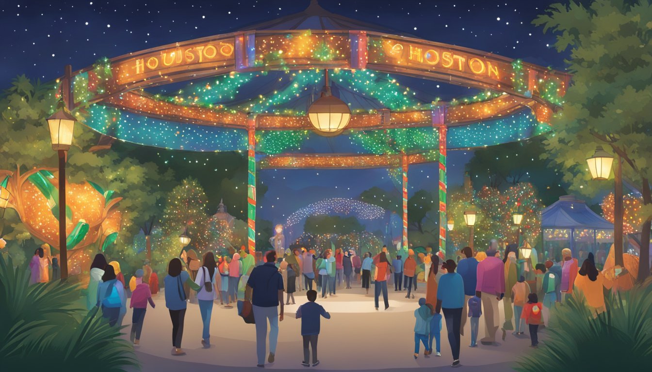 Colorful lights illuminate the Houston Zoo, creating a festive atmosphere. Visitors stroll through dazzling displays of holiday-themed decorations and enjoy seasonal activities