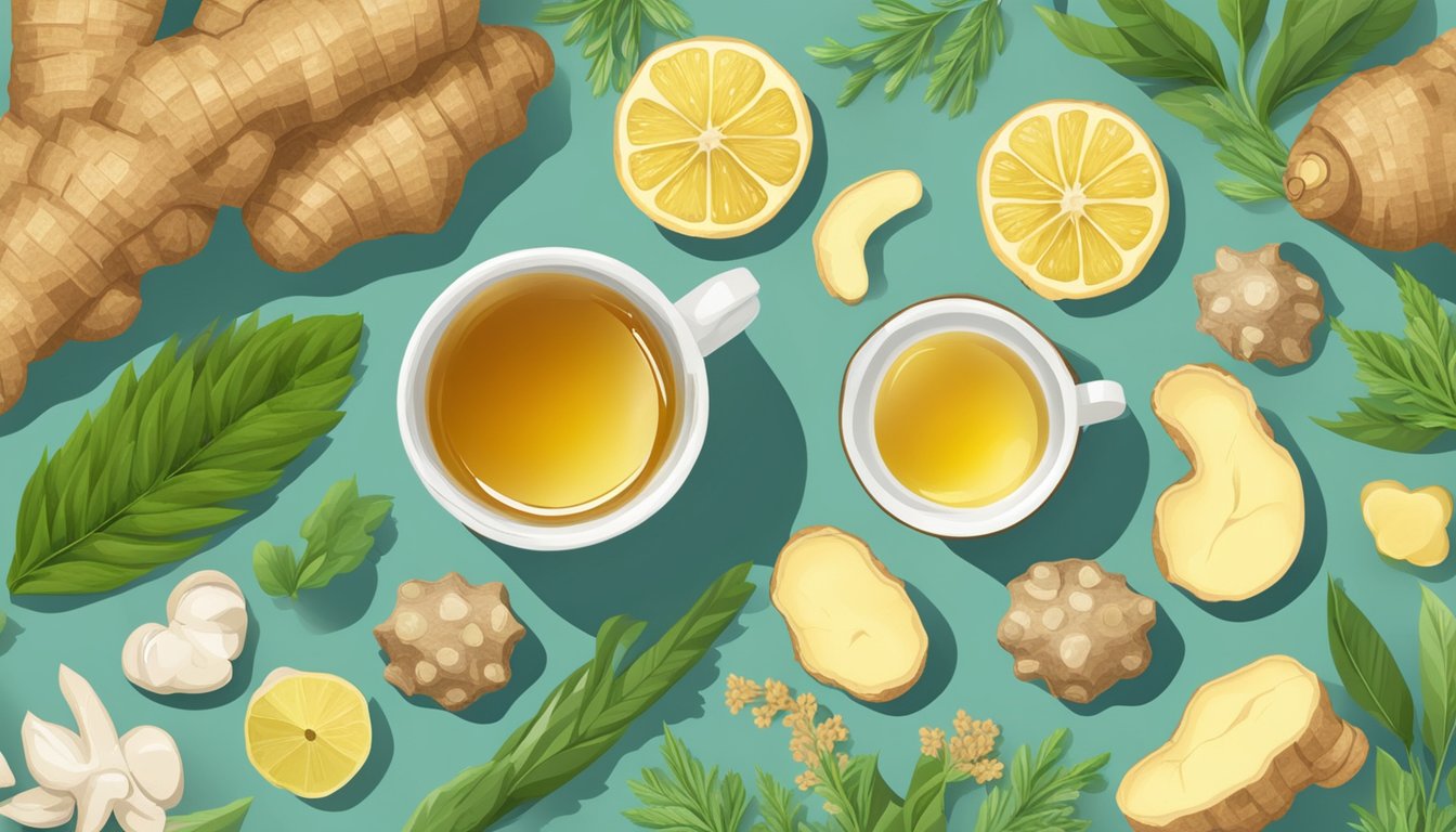 Steaming cup of ginger tea surrounded by various natural remedies for heartburn