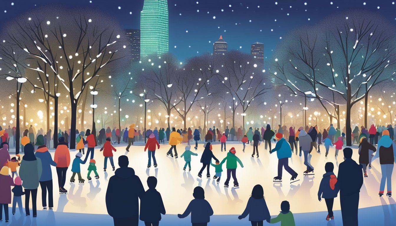 Families ice skate under festive lights at Discovery Green in Houston