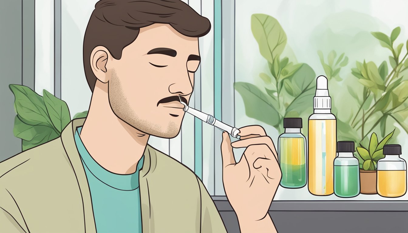 A person using a saline nasal spray with natural remedies for sinus infections displayed around them