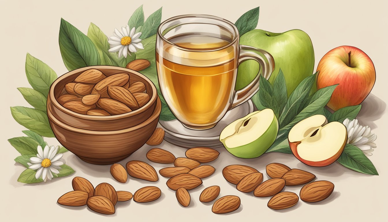 A bowl of almonds surrounded by various natural remedies for heartburn, such as ginger, chamomile tea, and apple cider vinegar