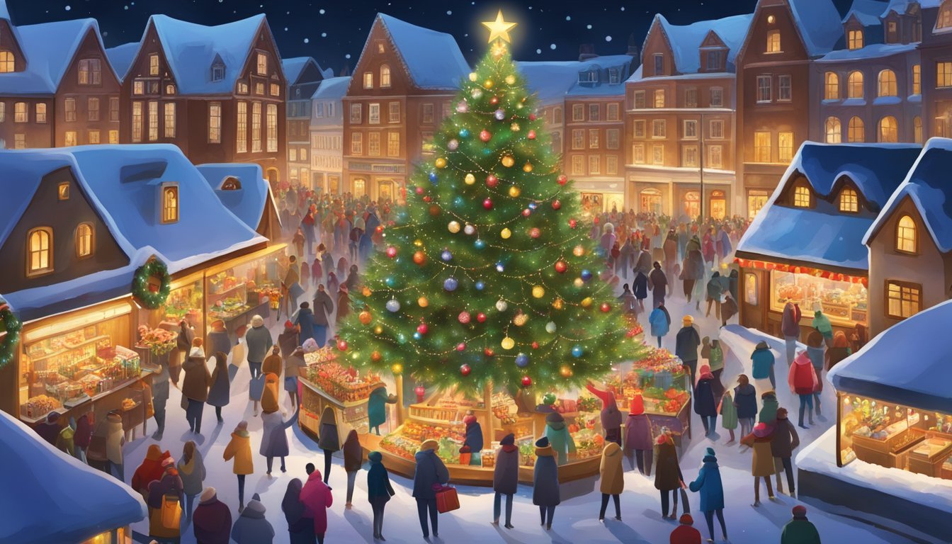 Vibrant Christmas market with festive stalls, twinkling lights, and joyful carolers. A giant Christmas tree stands in the center, surrounded by families and friends enjoying holiday treats and shopping for unique gifts