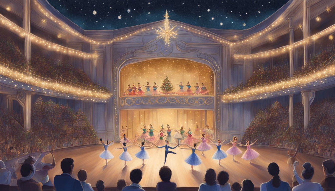 The grand stage of the Nutcracker Ballet, adorned with festive decorations, as dancers perform under the twinkling lights at the Houston Ballet