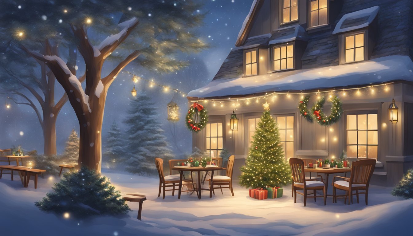 A festive outdoor dining area with twinkling lights, a decorated Christmas tree, and cozy seating surrounded by winter foliage