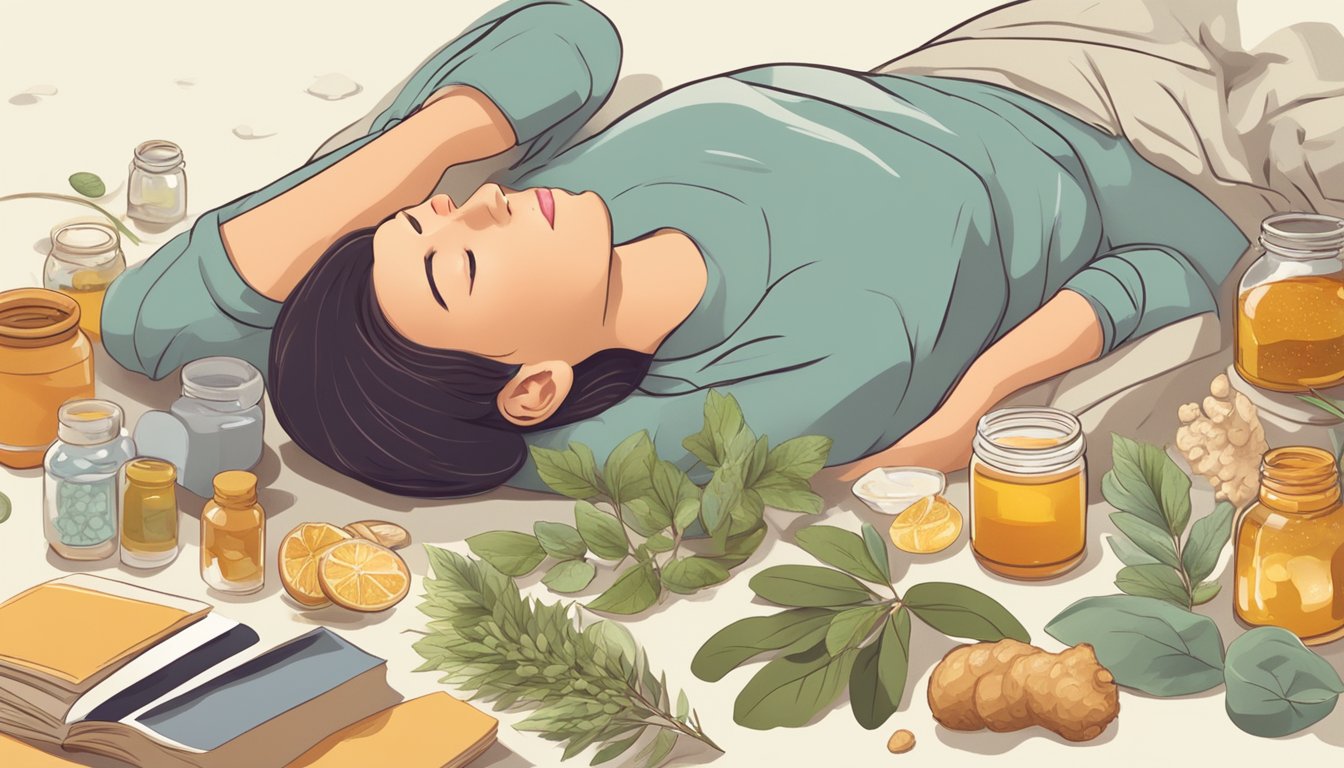 A person lying down with a warm compress over their sinuses, surrounded by natural remedies like ginger, honey, and eucalyptus