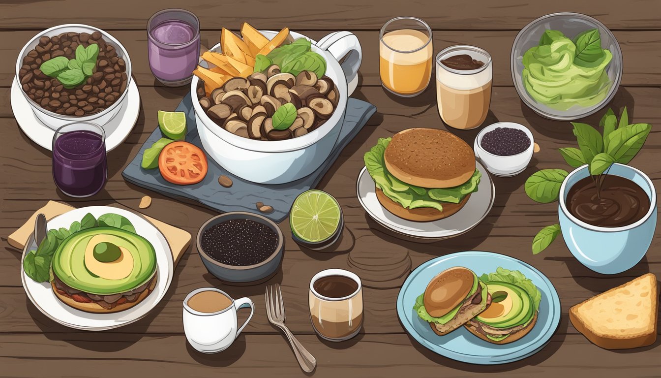 A steaming cup of mushroom coffee surrounded by trendy food items like avocado toast, acai bowls, and plant-based burgers on a rustic wooden table