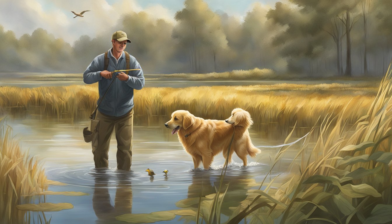 A golden retriever retrieves a duck from a marshy pond, while a trainer watches from the shore in rural Indiana