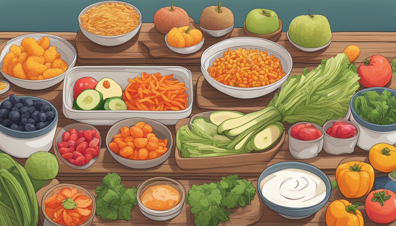 A colorful array of gut-friendly snacks, including kimchi, kombucha, and yogurt, displayed on a wooden table with vibrant fruits and vegetables in the background