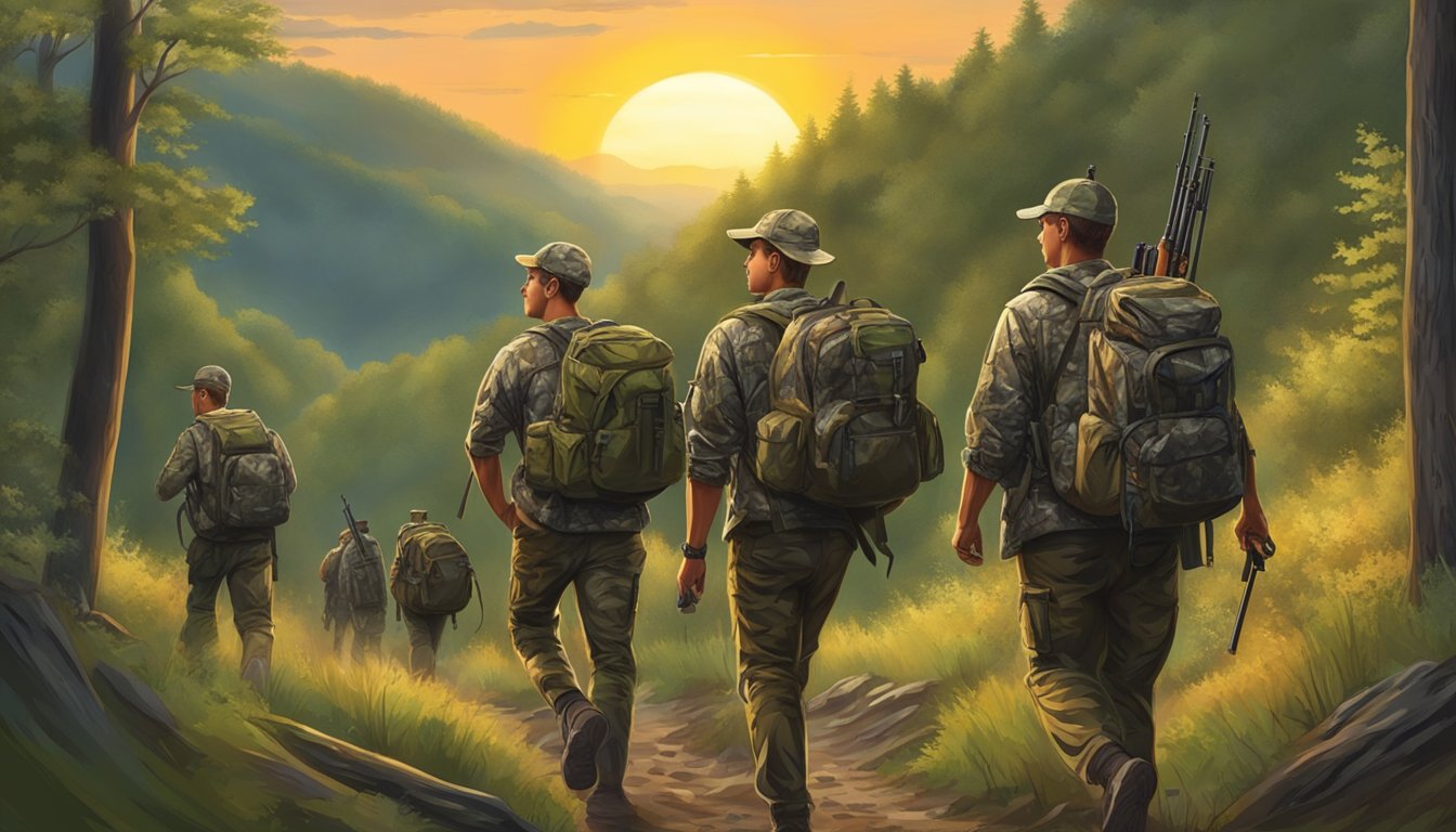 A group of young hunters in camouflage gear trek through the forest, carrying rifles and backpacks. The sun sets behind the rolling hills of West Virginia