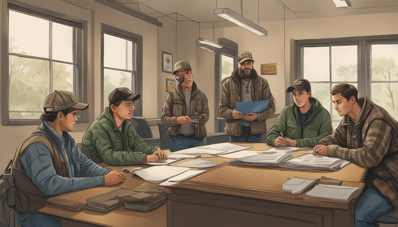 A group of young hunters in Virginia applying for licenses and permits at a wildlife agency office