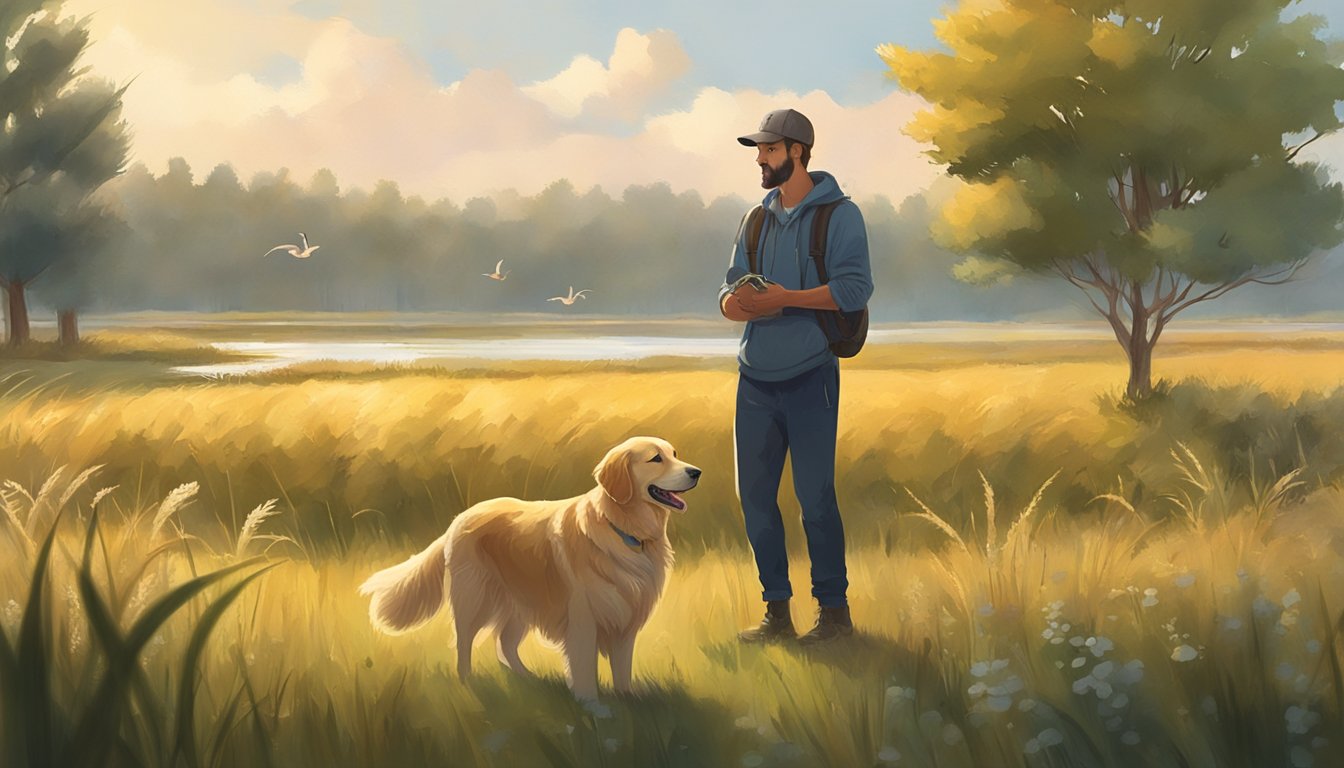 A golden retriever stands in a field, holding a duck in its mouth, while a trainer observes nearby. The landscape is dotted with tall grass and a few scattered trees