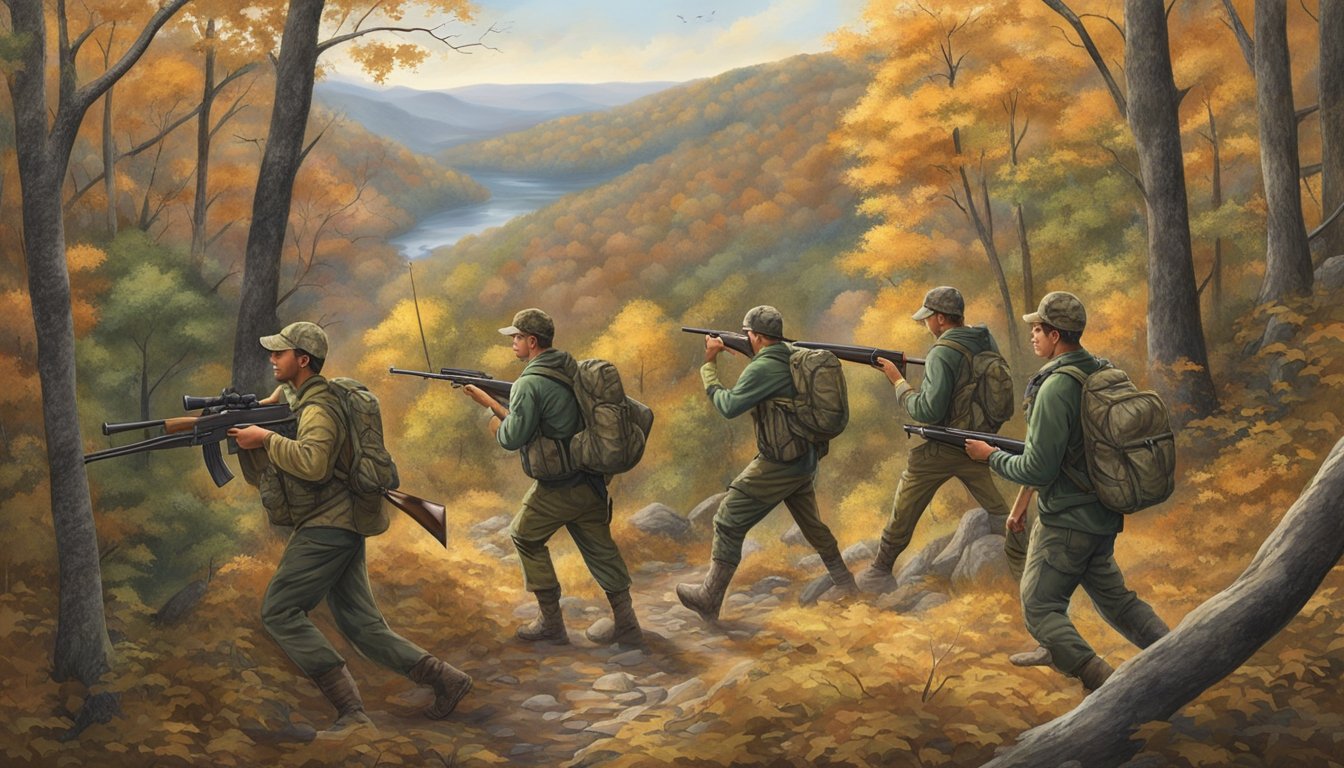 A group of young hunters with their mentors, carrying rifles and clad in camouflage, trek through the wooded hills of West Virginia during hunting season