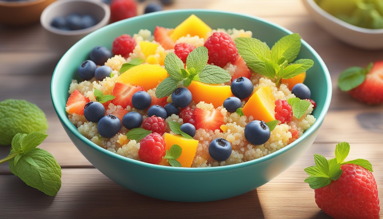 A colorful bowl of quinoa fruit salad with mint on a wooden table, surrounded by fresh ingredients and a morning sunlight streaming in through a window