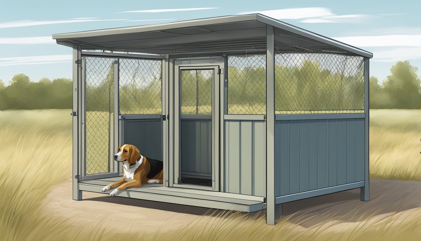 A spacious, well-ventilated kennel with a comfortable bed, food and water bowls, and space for the gun dog to move around freely