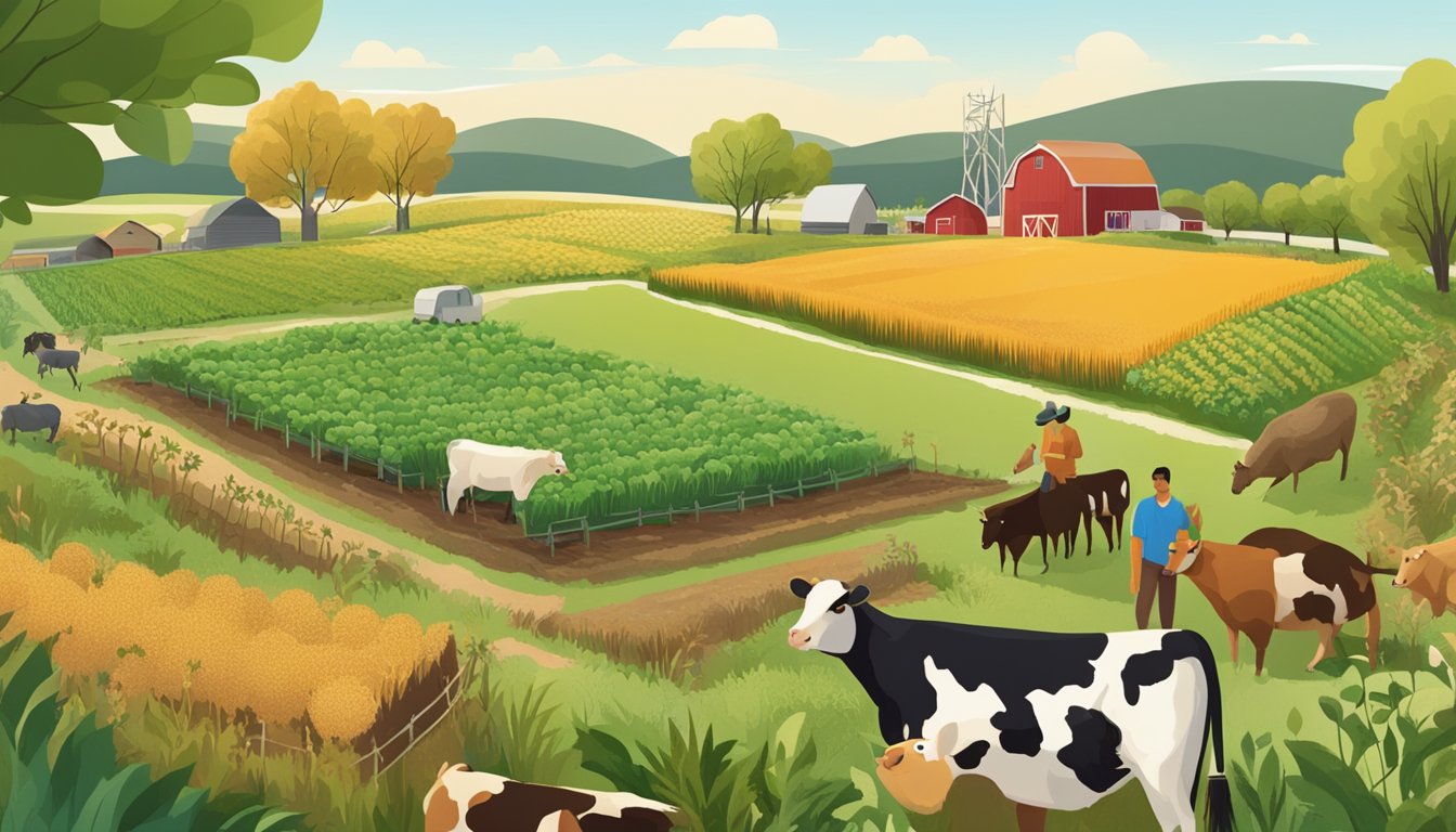 A diverse farm landscape with crops and livestock, showcasing regenerative agriculture practices