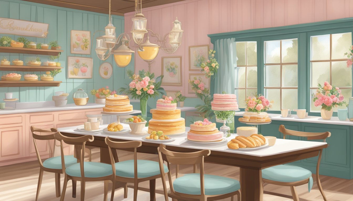 A charming bakery scene with a table set for a special brunch, featuring pastel decor and floral arrangements