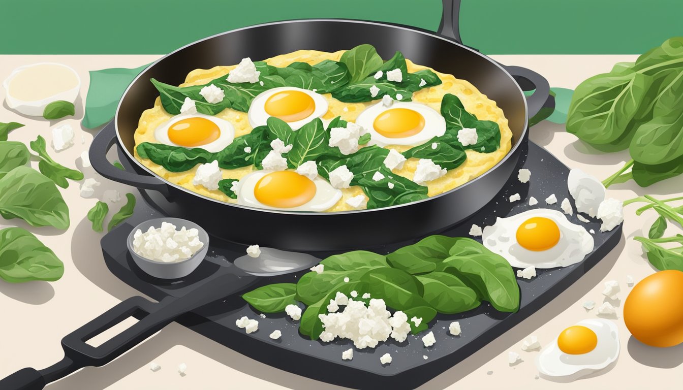 An egg white omelette sizzling in a pan with vibrant green spinach and crumbled feta cheese, surrounded by fresh ingredients and a bright kitchen